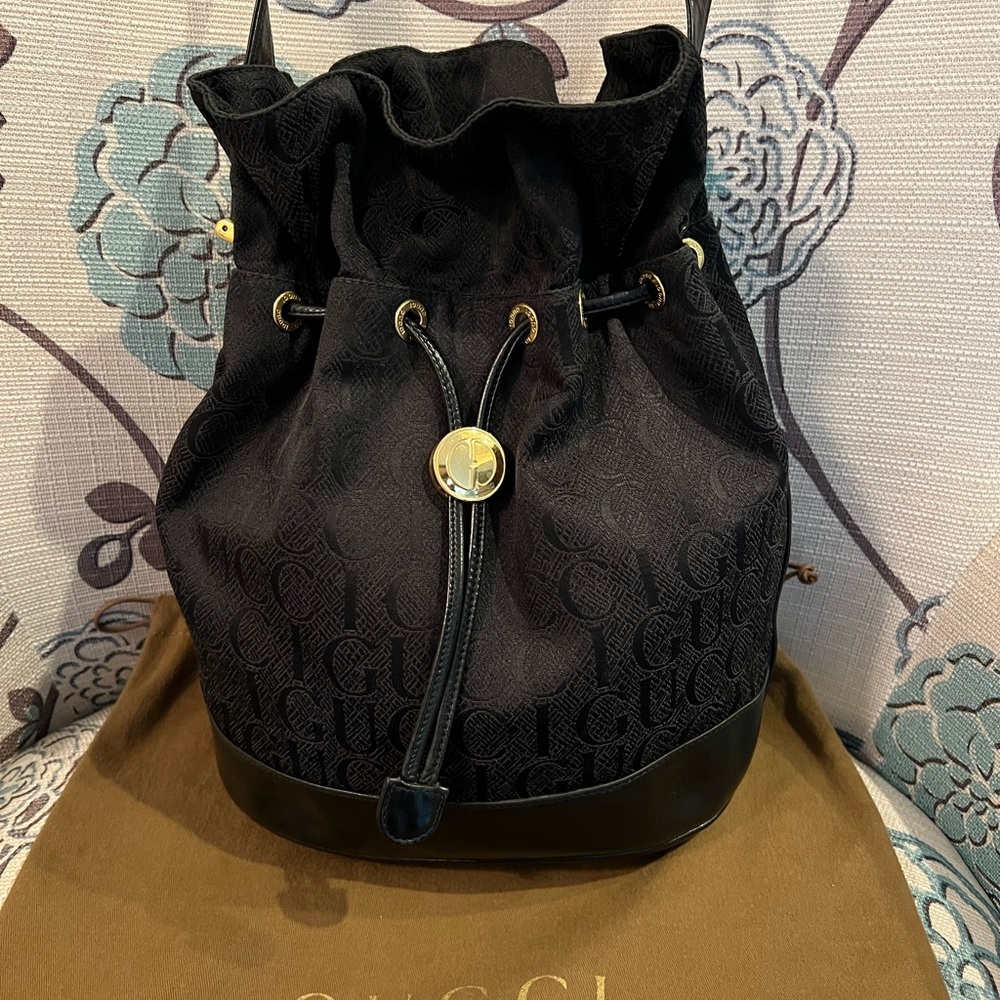 Gucci medium black leather tapestry bucket elegant shoulder bag/RARE - Picture 7 of 15